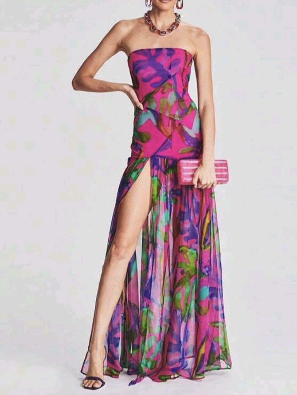 Women Tube Top Dress Slim Strapless Backless Mesh Patchwork Maxi Dress